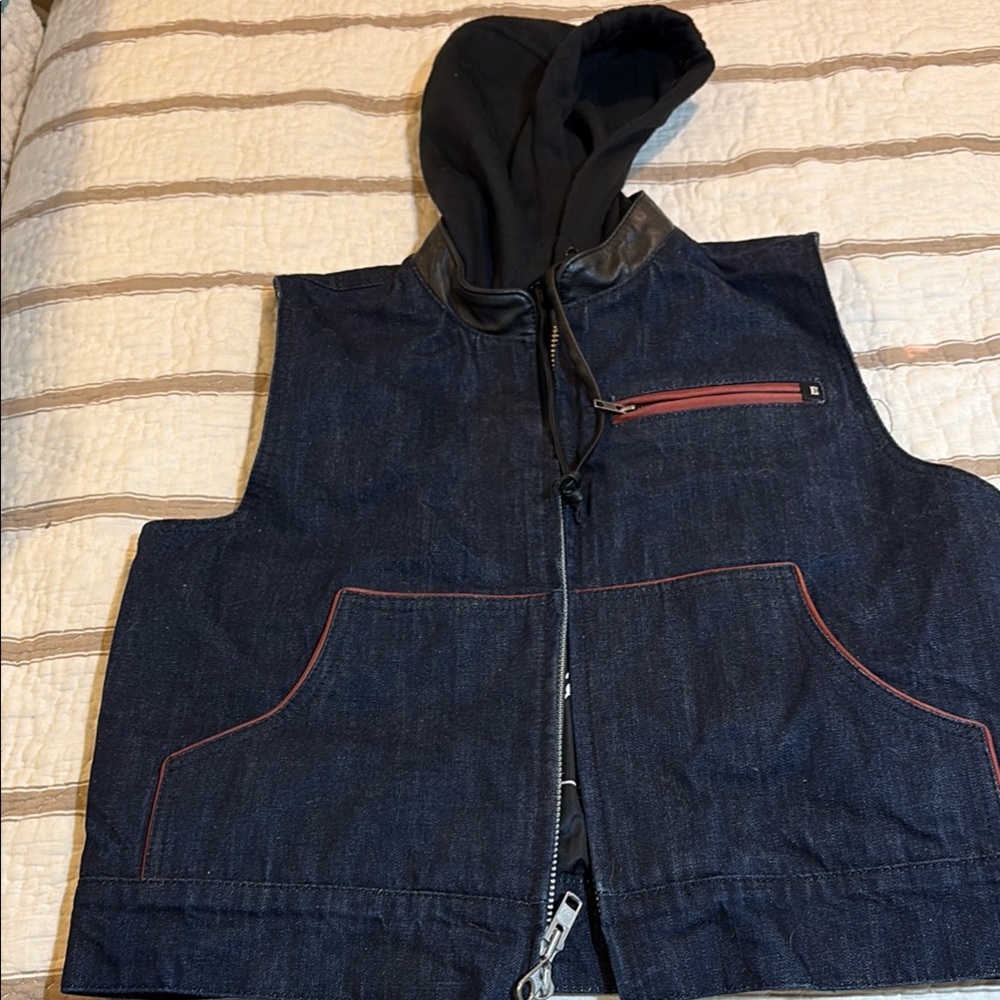 Black and Blue Hooded Denim Vest with Full-Length Zipper